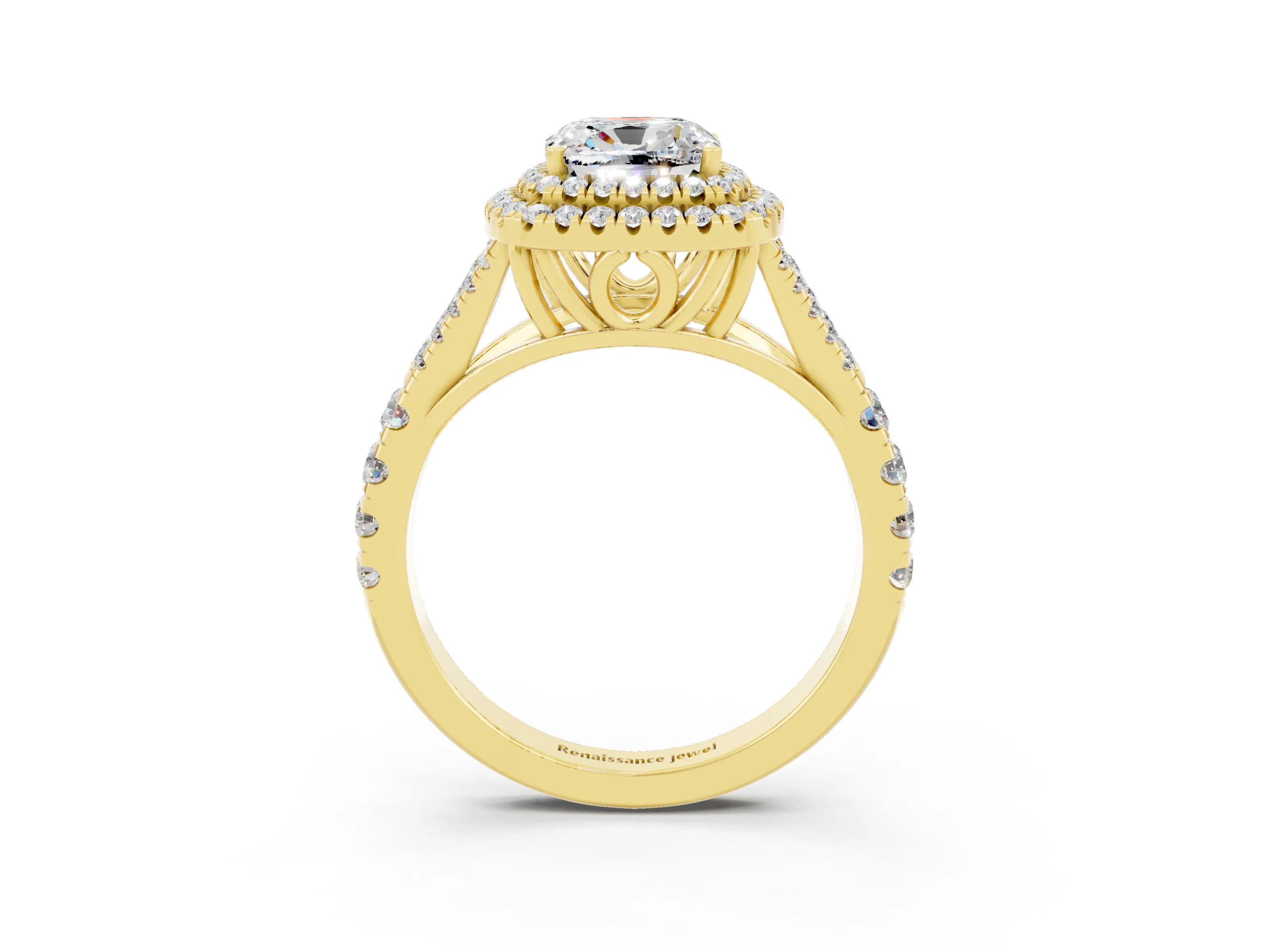 Yellow gold Double Halo Cushion Cut Moissanite Split Shank Engagement Ring with Four-Prong Setting_3