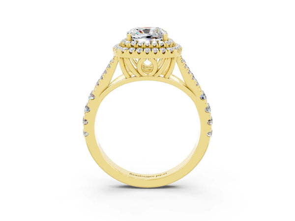 Yellow gold Double Halo Cushion Cut Moissanite Split Shank Engagement Ring with Four-Prong Setting
