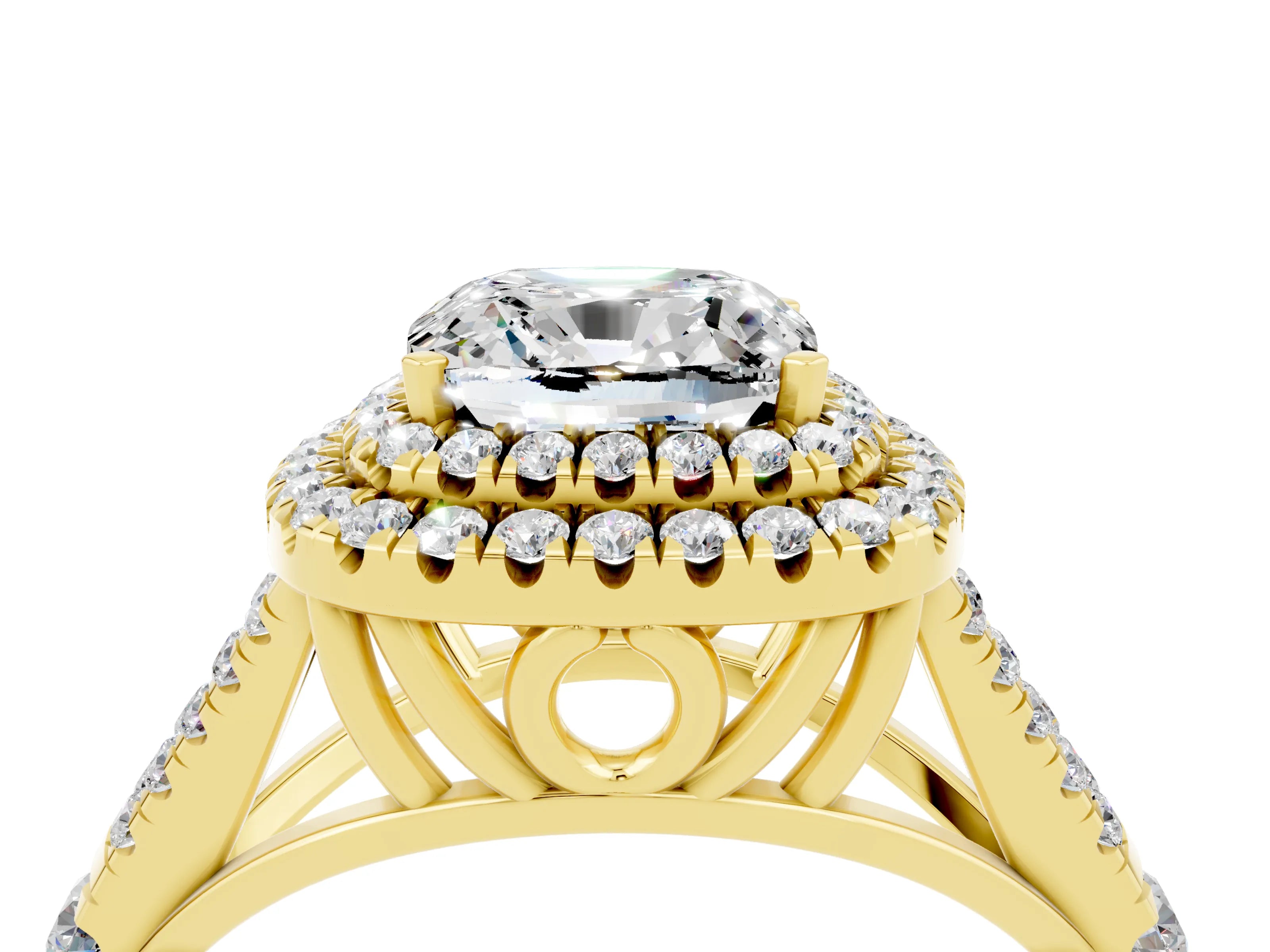 Yellow gold Double Halo Cushion Cut Moissanite Split Shank Engagement Ring with Four-Prong Setting_4