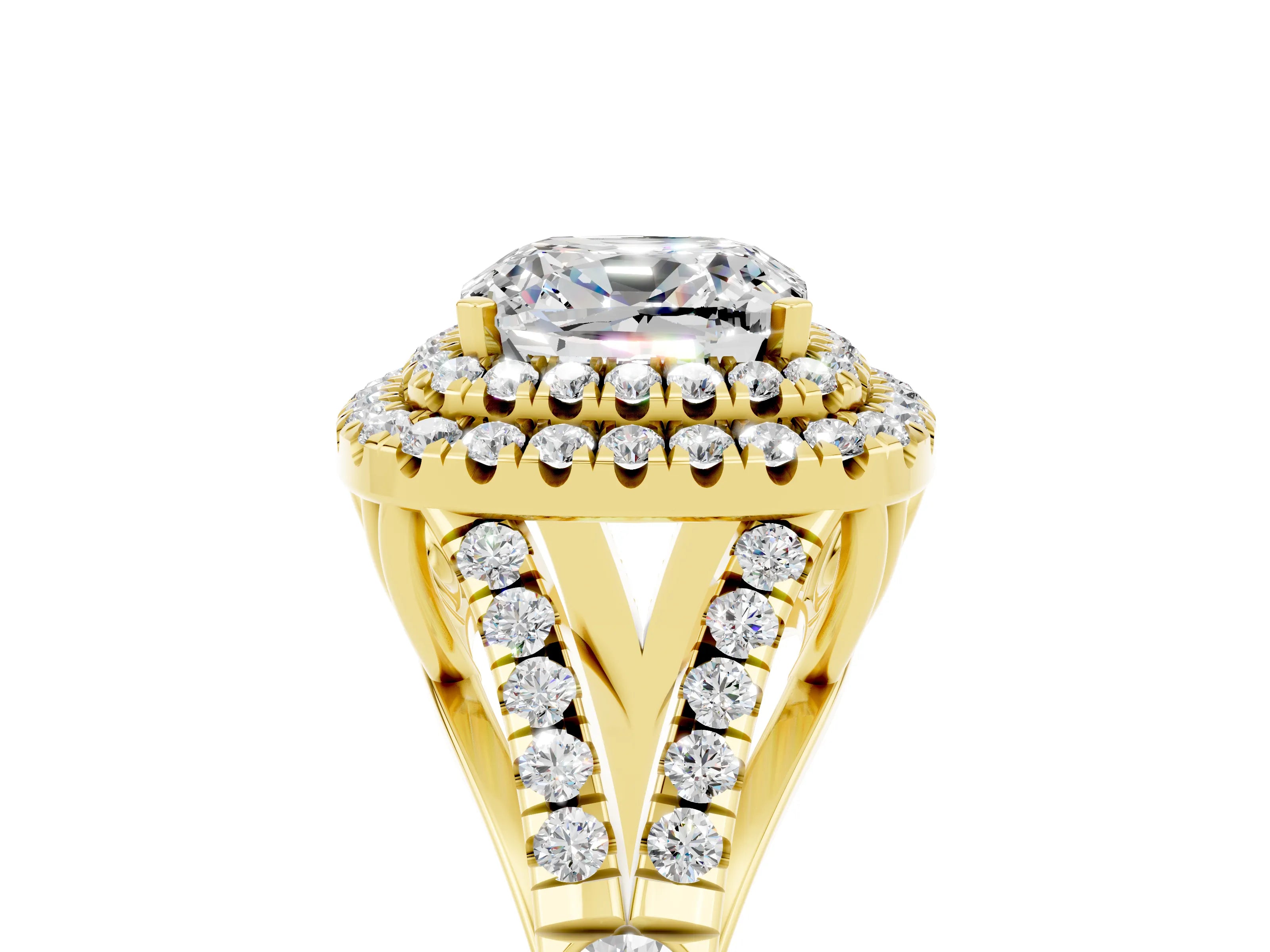 Yellow gold Double Halo Cushion Cut Moissanite Split Shank Engagement Ring with Four-Prong Setting_5