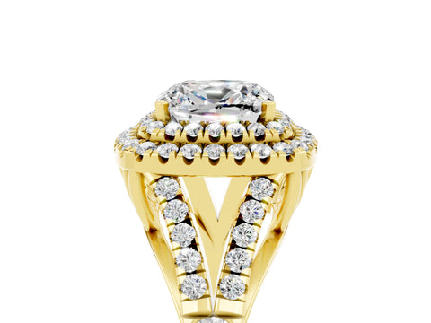 Yellow gold Double Halo Cushion Cut Moissanite Split Shank Engagement Ring with Four-Prong Setting_5