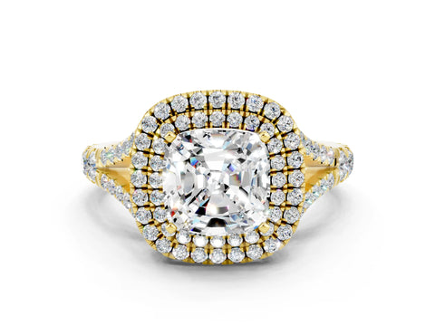 Yellow gold Double Halo Cushion Cut Moissanite Split Shank Engagement Ring with Four-Prong Setting