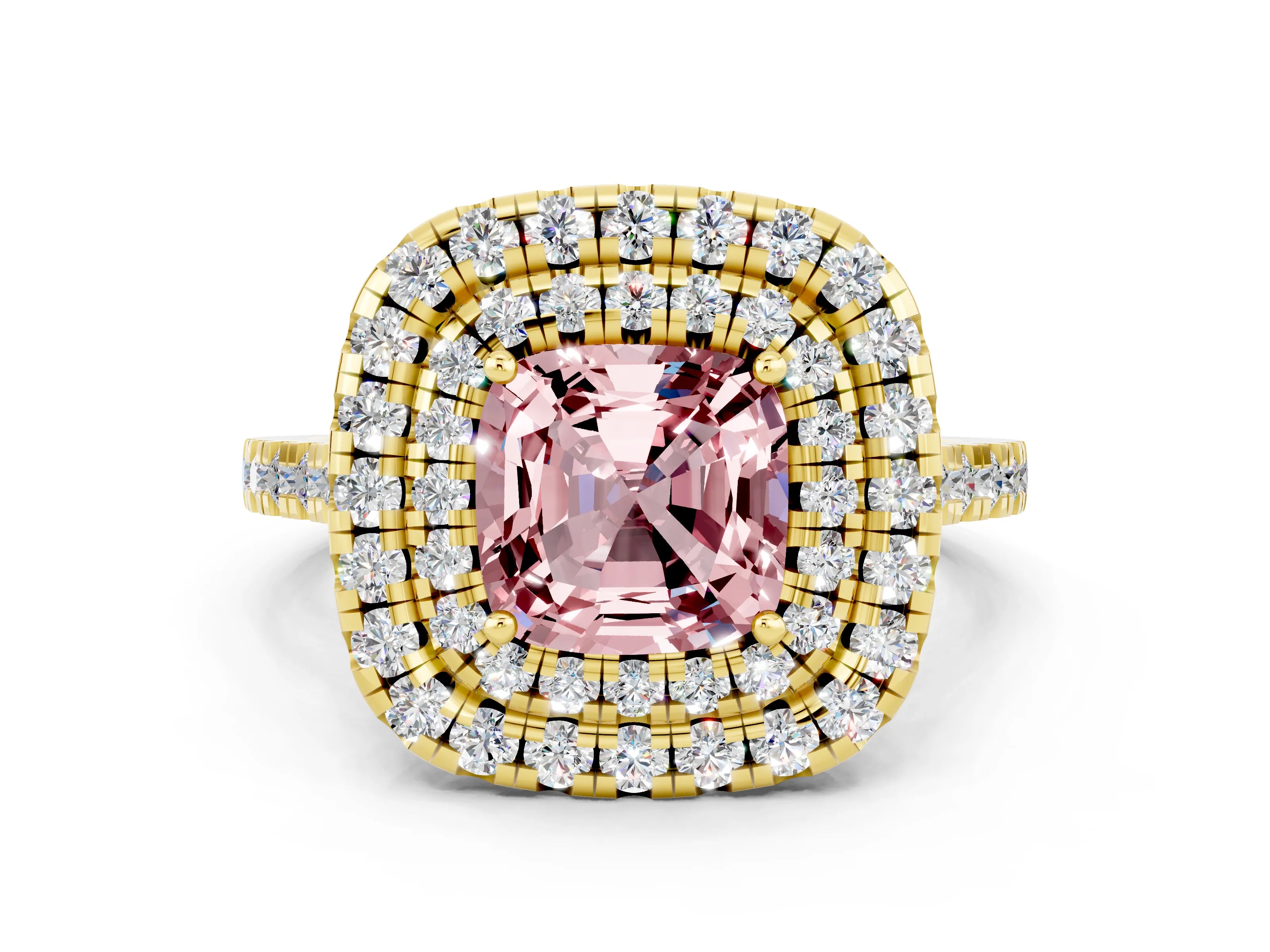 Yellow gold Double Halo Cushion Cut Morganite Pavé Band with Four-Prong Setting