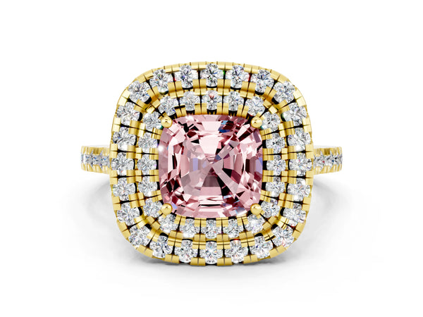 Yellow gold Double Halo Cushion Cut Morganite Pavé Band with Four-Prong Setting