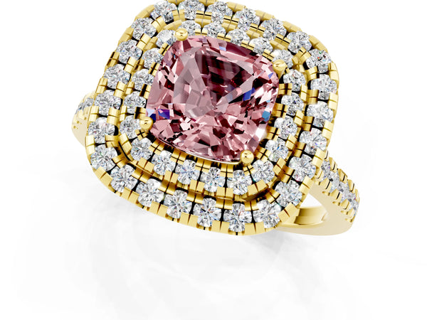 Yellow gold Double Halo Cushion Cut Morganite Pavé Band with Four-Prong Setting