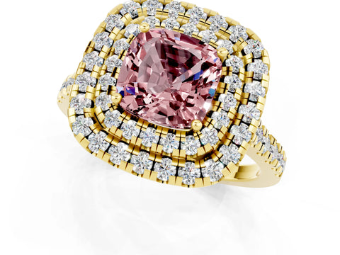 Yellow gold Double Halo Cushion Cut Morganite Pavé Band with Four-Prong Setting_1