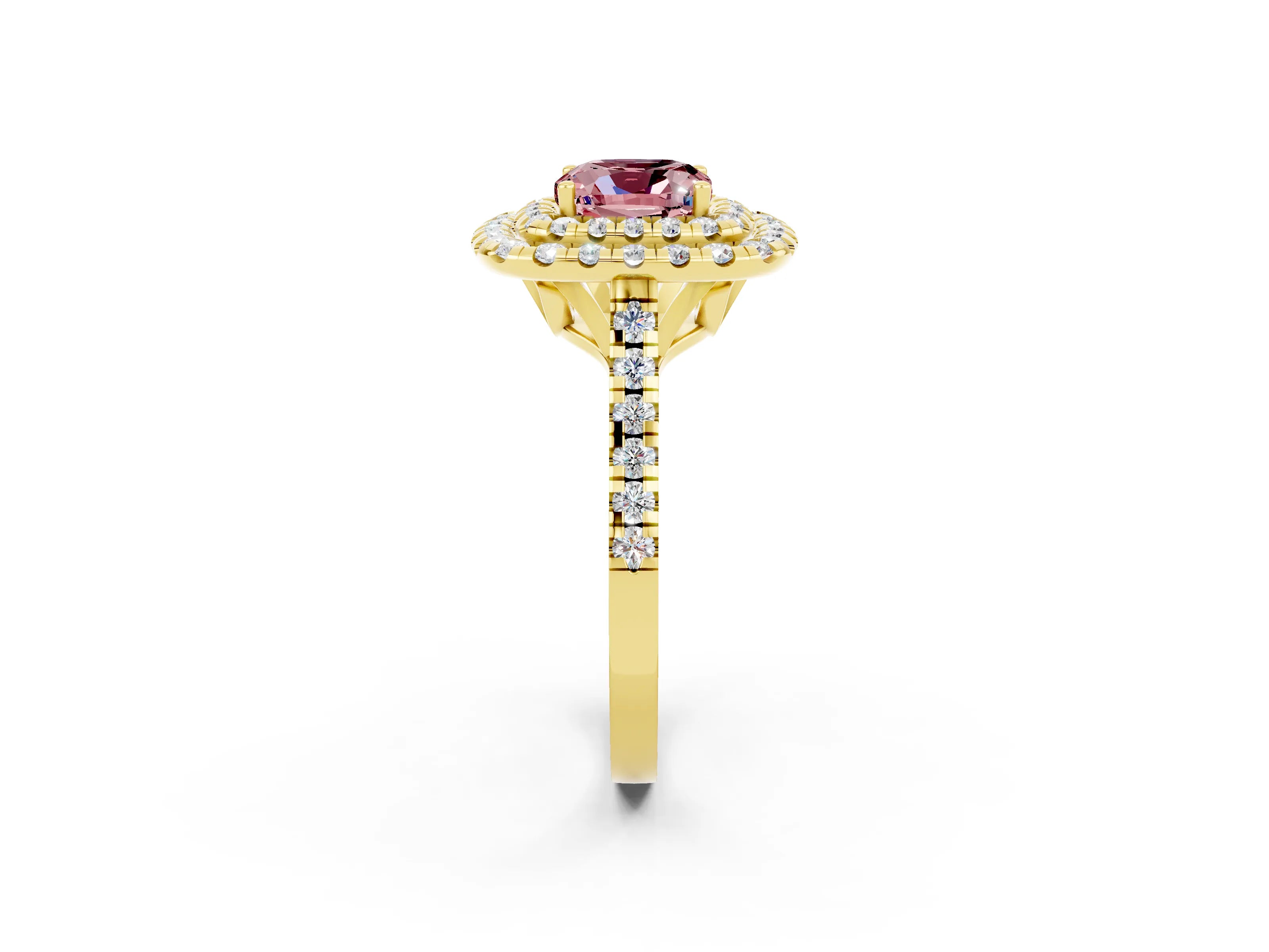 Yellow gold Double Halo Cushion Cut Morganite Pavé Band with Four-Prong Setting_2