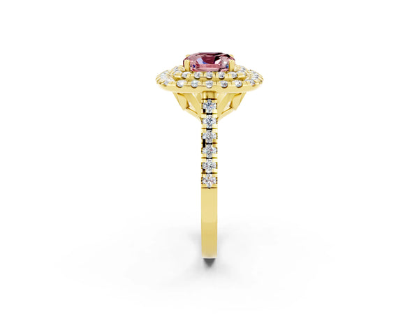 Yellow gold Double Halo Cushion Cut Morganite Pavé Band with Four-Prong Setting