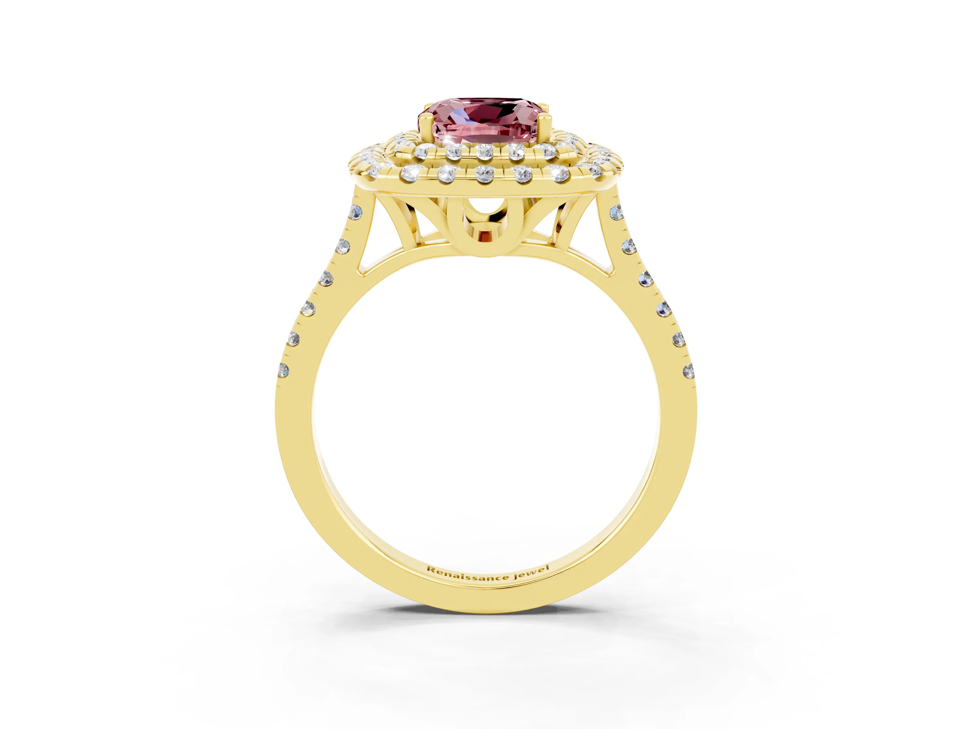 Yellow gold Double Halo Cushion Cut Morganite Pavé Band with Four-Prong Setting_3
