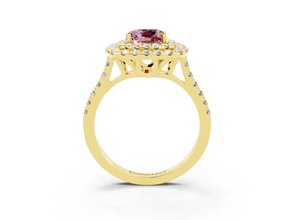 Yellow gold Double Halo Cushion Cut Morganite Pavé Band with Four-Prong Setting