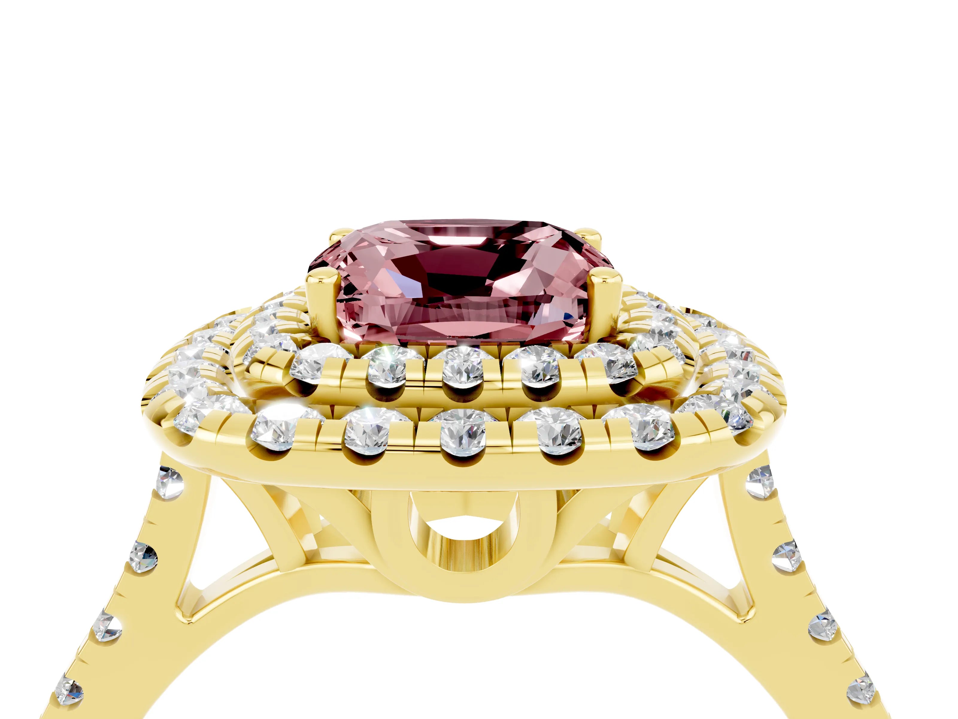Yellow gold Double Halo Cushion Cut Morganite Pavé Band with Four-Prong Setting_4