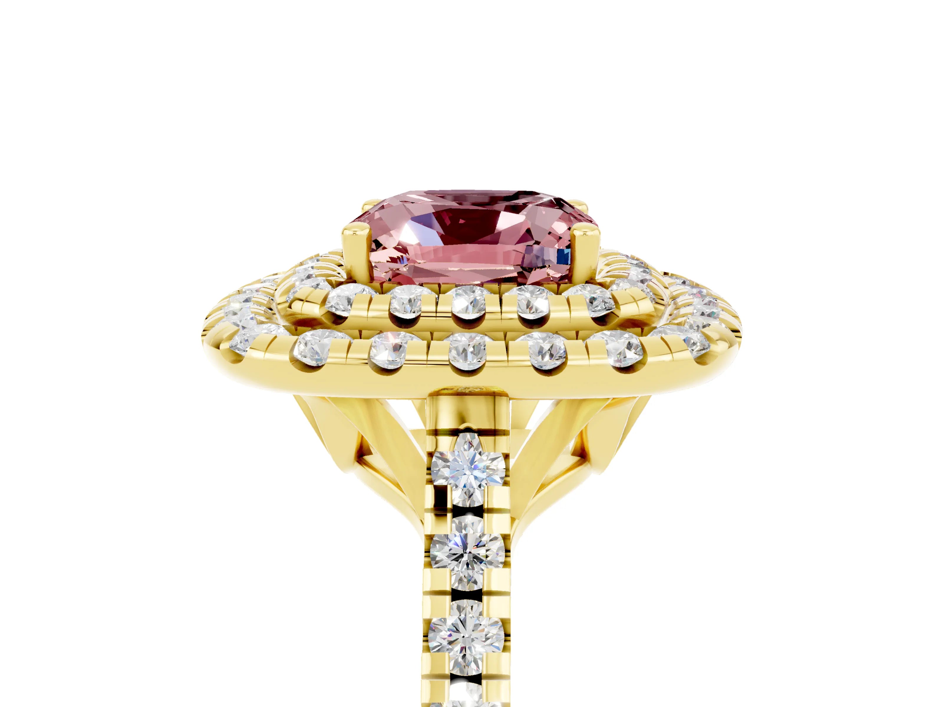 Yellow gold Double Halo Cushion Cut Morganite Pavé Band with Four-Prong Setting_5