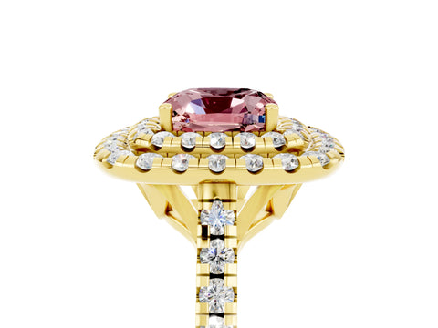 Yellow gold Double Halo Cushion Cut Morganite Pavé Band with Four-Prong Setting_5
