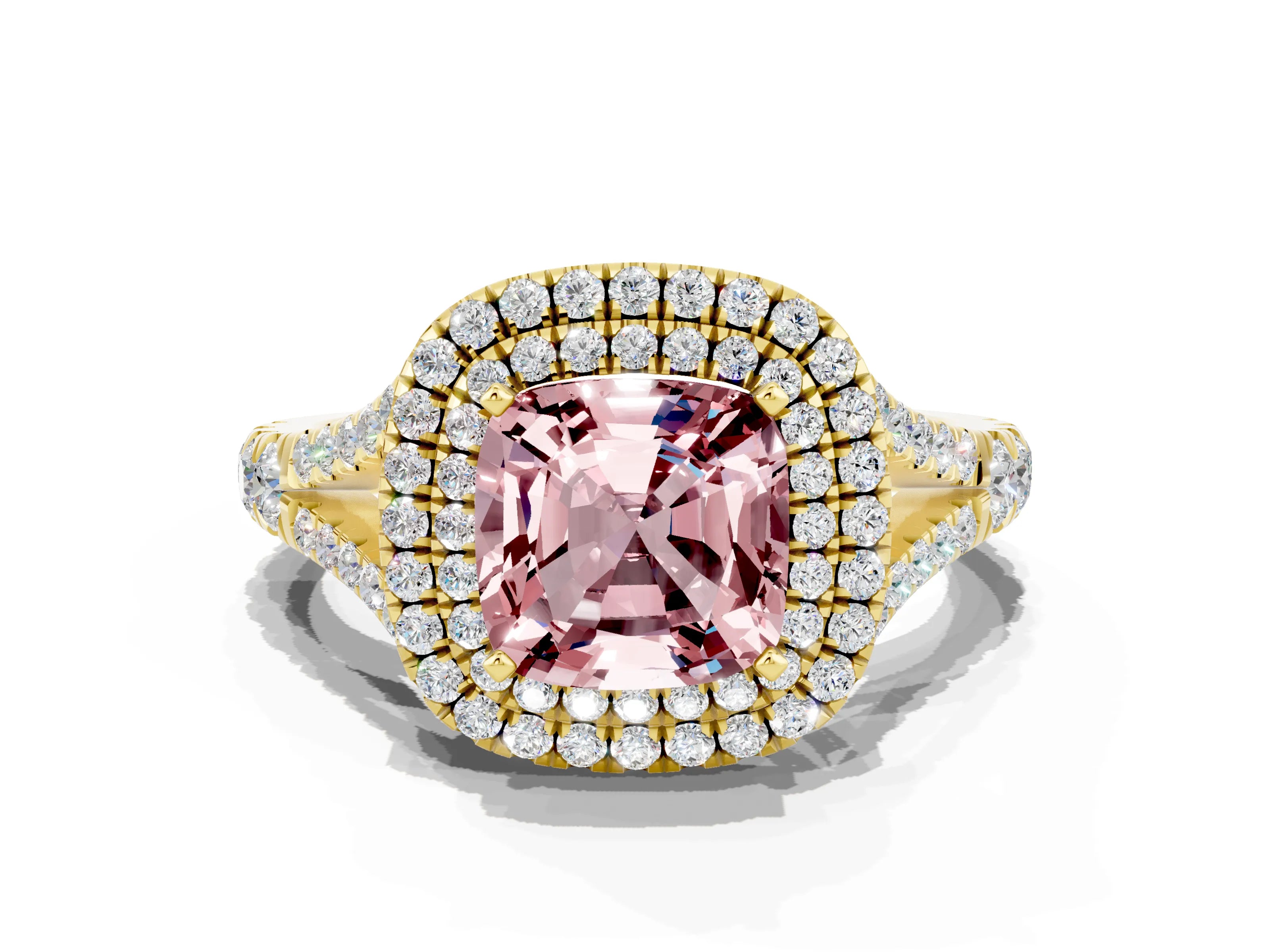 Yellow gold Double Halo Cushion Cut Morganite Pavé Split Shank Ring with Prong Setting