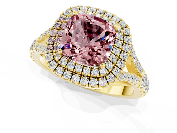 Yellow gold Double Halo Cushion Cut Morganite Pavé Split Shank Ring with Prong Setting
