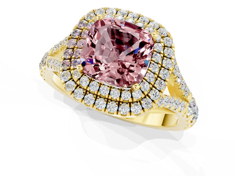 Yellow gold Double Halo Cushion Cut Morganite Pavé Split Shank Ring with Prong Setting_1