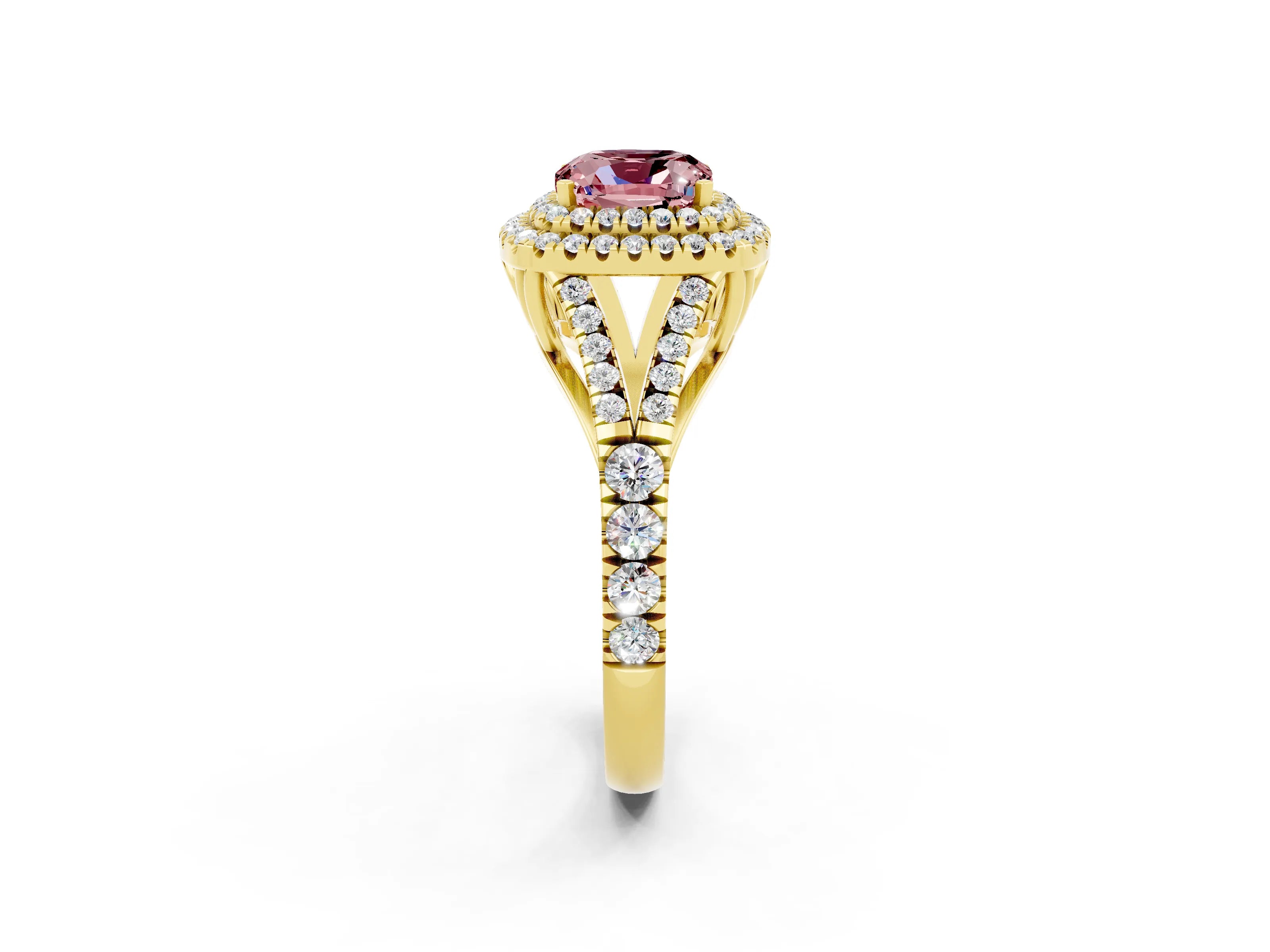 Yellow gold Double Halo Cushion Cut Morganite Pavé Split Shank Ring with Prong Setting_2