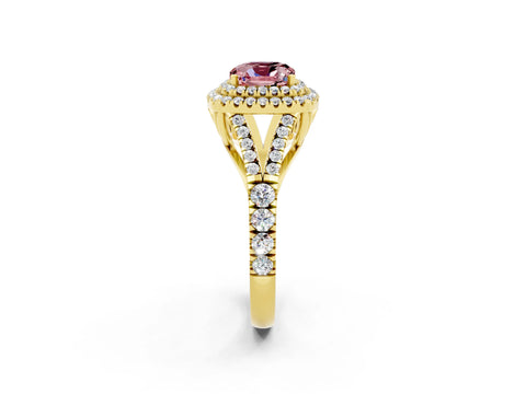 Yellow gold Double Halo Cushion Cut Morganite Pavé Split Shank Ring with Prong Setting_2
