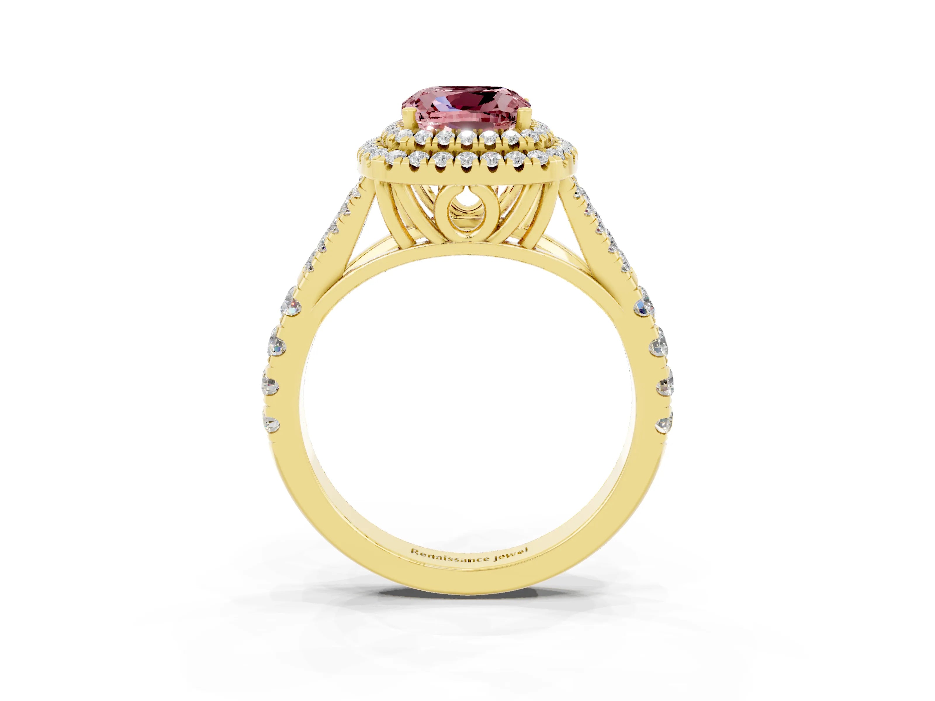 Yellow gold Double Halo Cushion Cut Morganite Pavé Split Shank Ring with Prong Setting_3