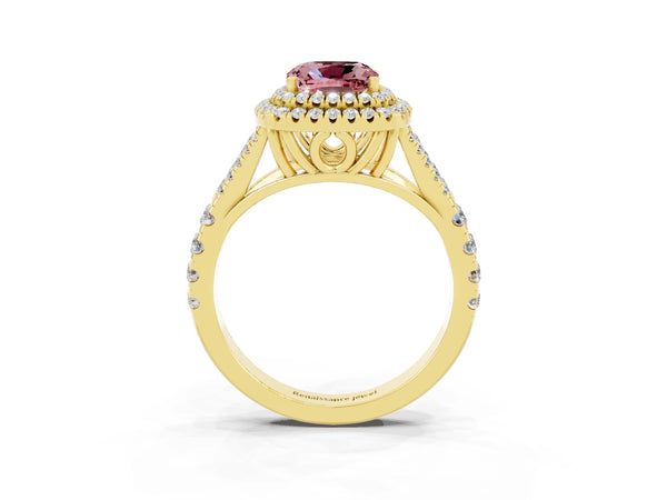 Yellow gold Double Halo Cushion Cut Morganite Pavé Split Shank Ring with Prong Setting