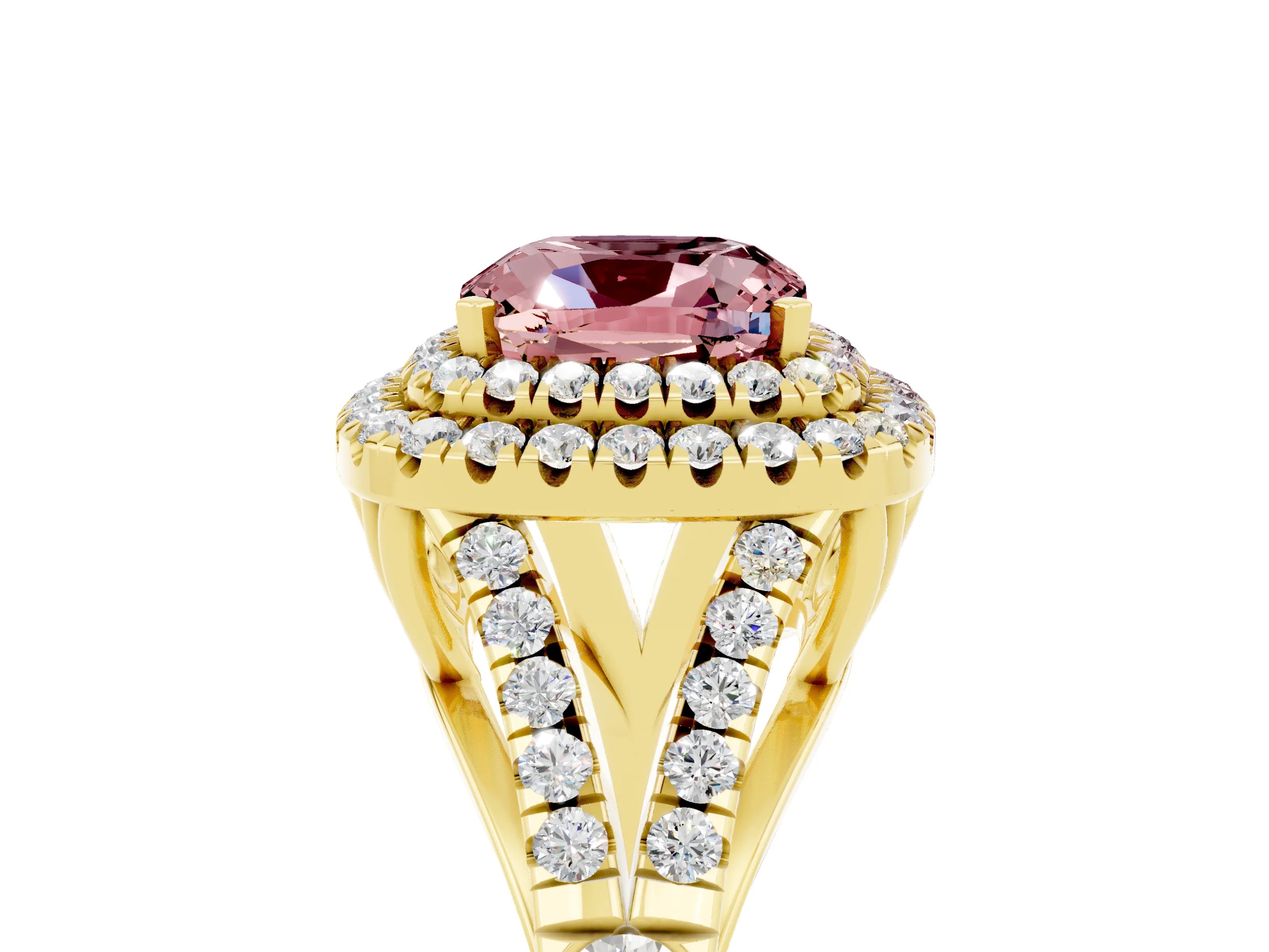 Yellow gold Double Halo Cushion Cut Morganite Pavé Split Shank Ring with Prong Setting_5