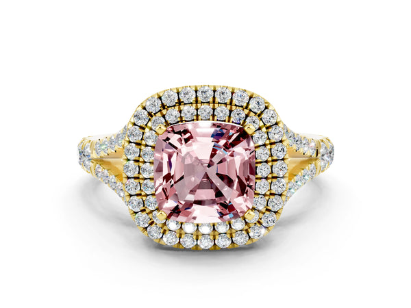 Yellow gold Double Halo Cushion Cut Morganite Split Shank Engagement Ring with Four-Prong Setting