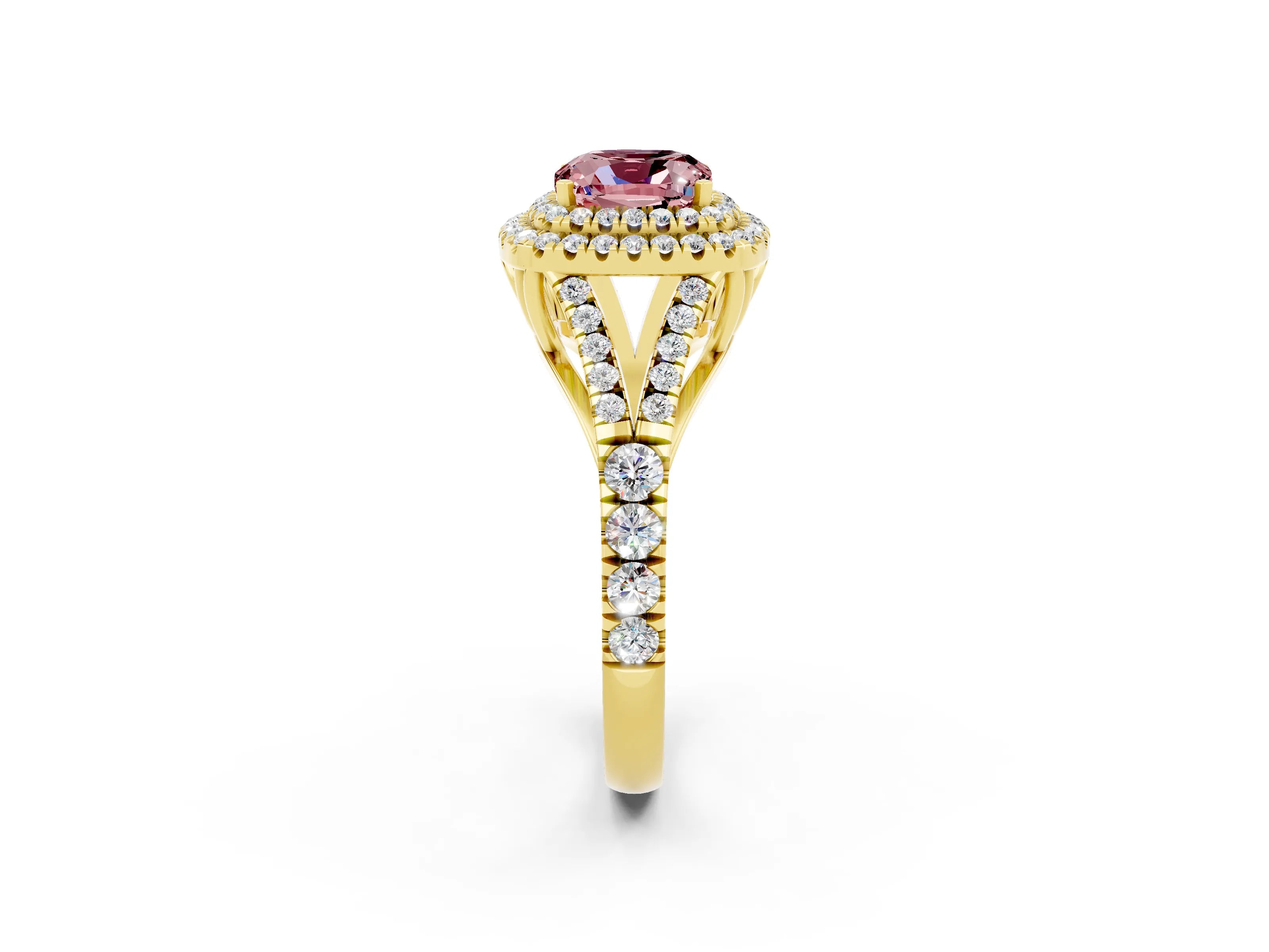 Yellow gold Double Halo Cushion Cut Morganite Split Shank Engagement Ring with Four-Prong Setting_2