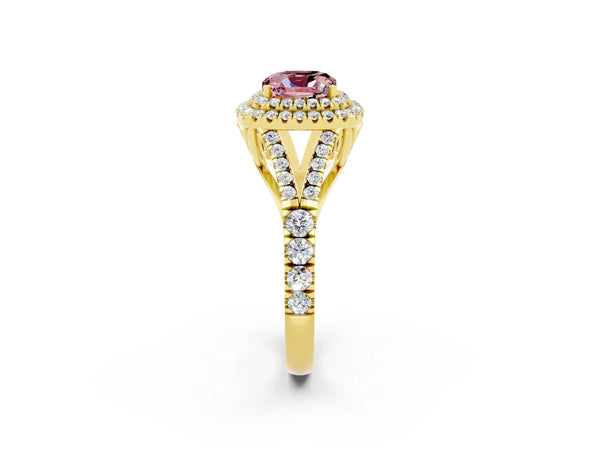 Yellow gold Double Halo Cushion Cut Morganite Split Shank Engagement Ring with Four-Prong Setting