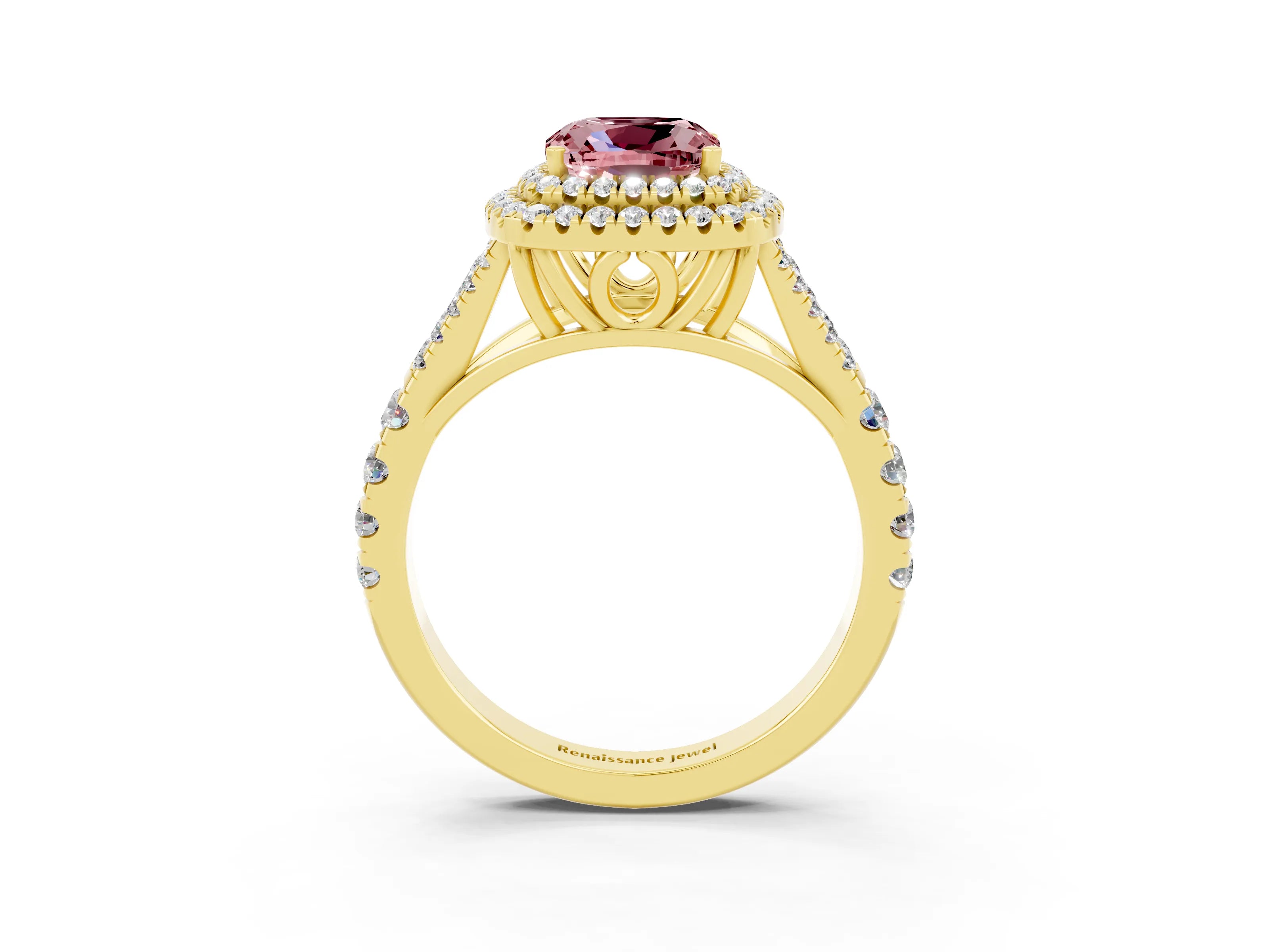 Yellow gold Double Halo Cushion Cut Morganite Split Shank Engagement Ring with Four-Prong Setting_3