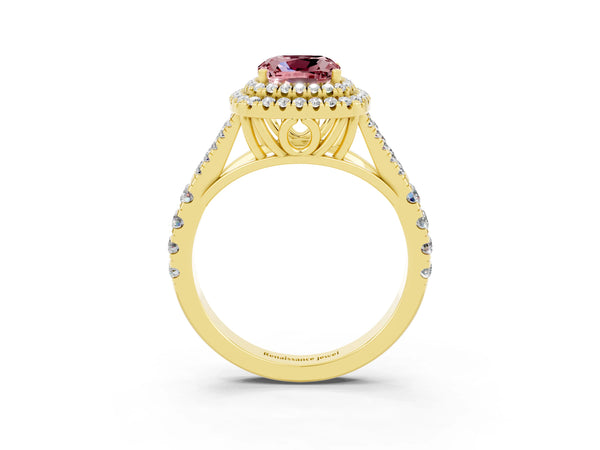 Yellow gold Double Halo Cushion Cut Morganite Split Shank Engagement Ring with Four-Prong Setting