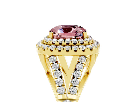Yellow gold Double Halo Cushion Cut Morganite Split Shank Engagement Ring with Four-Prong Setting_5