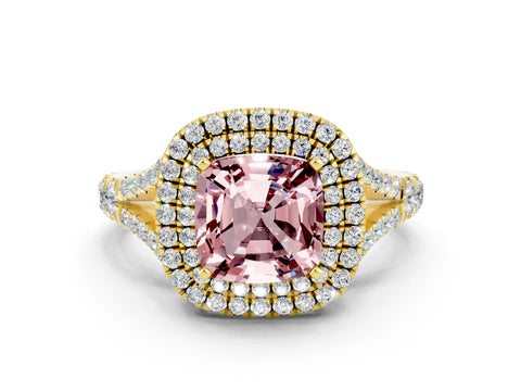 Yellow gold Double Halo Cushion Cut Morganite Split Shank Engagement Ring with Four-Prong Setting