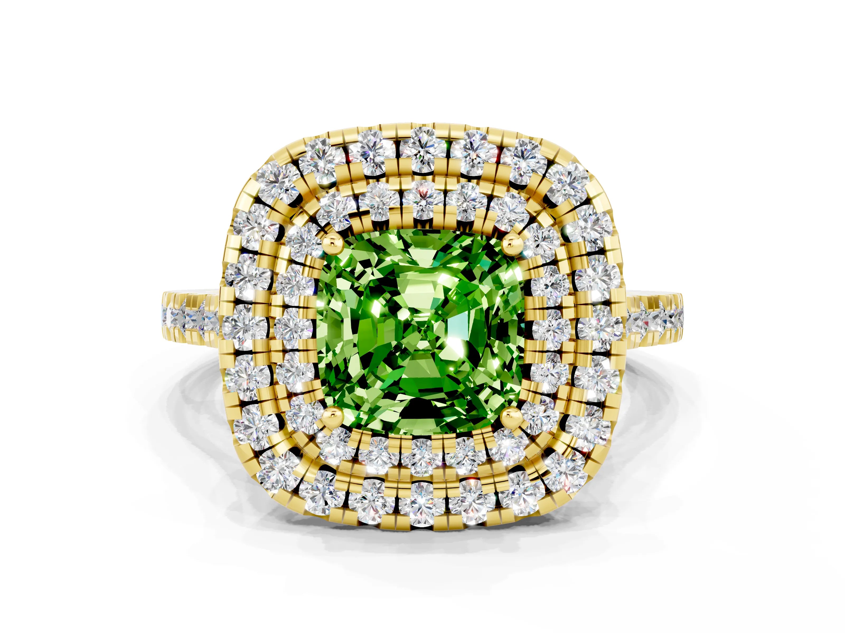 Yellow gold Double Halo Cushion Cut Peridot Pavé Band with Four-Prong Setting