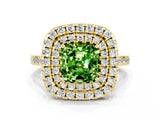 Yellow gold Double Halo Cushion Cut Peridot Pavé Band with Four-Prong Setting