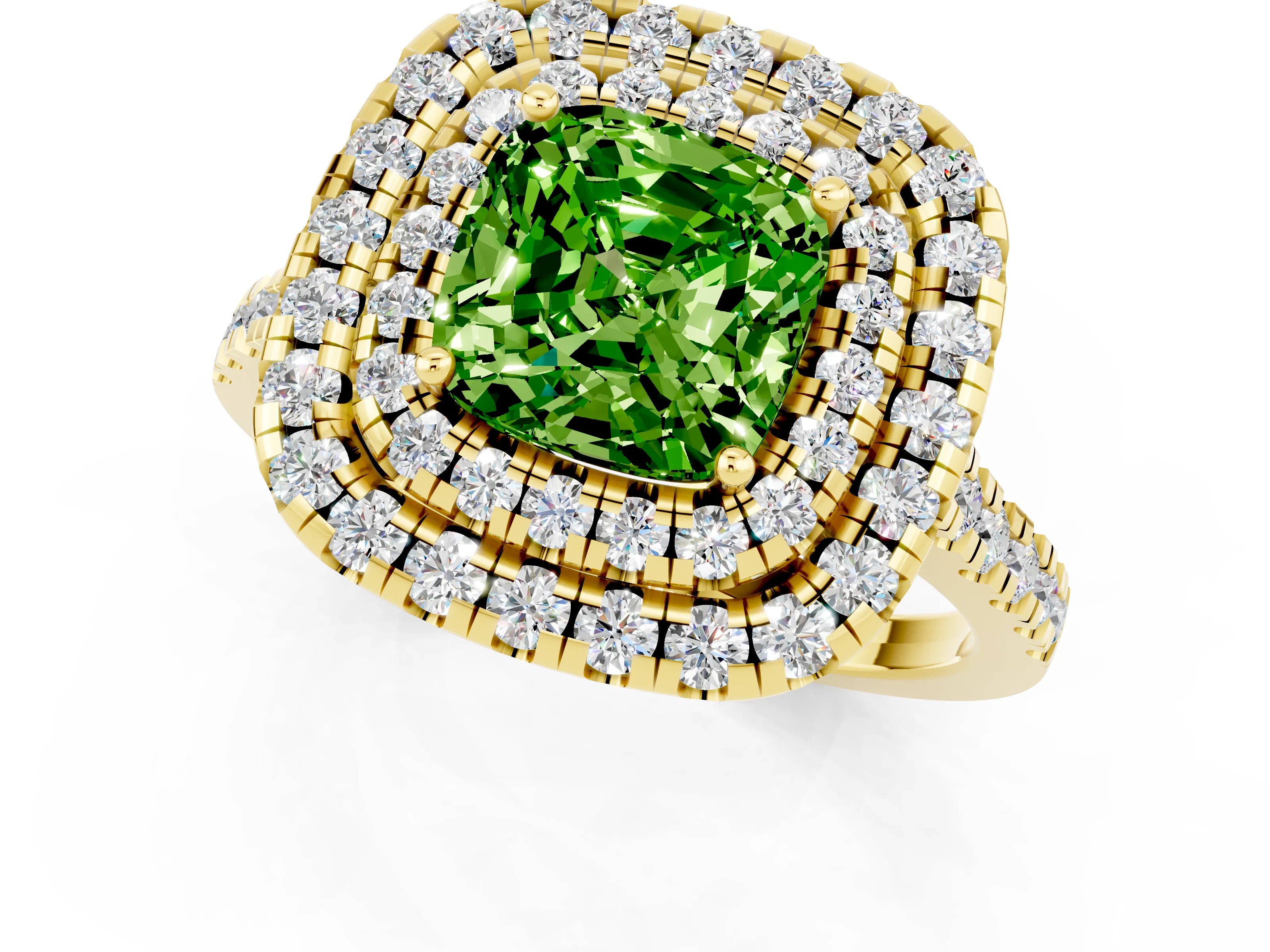 Yellow gold Double Halo Cushion Cut Peridot Pavé Band with Four-Prong Setting_1