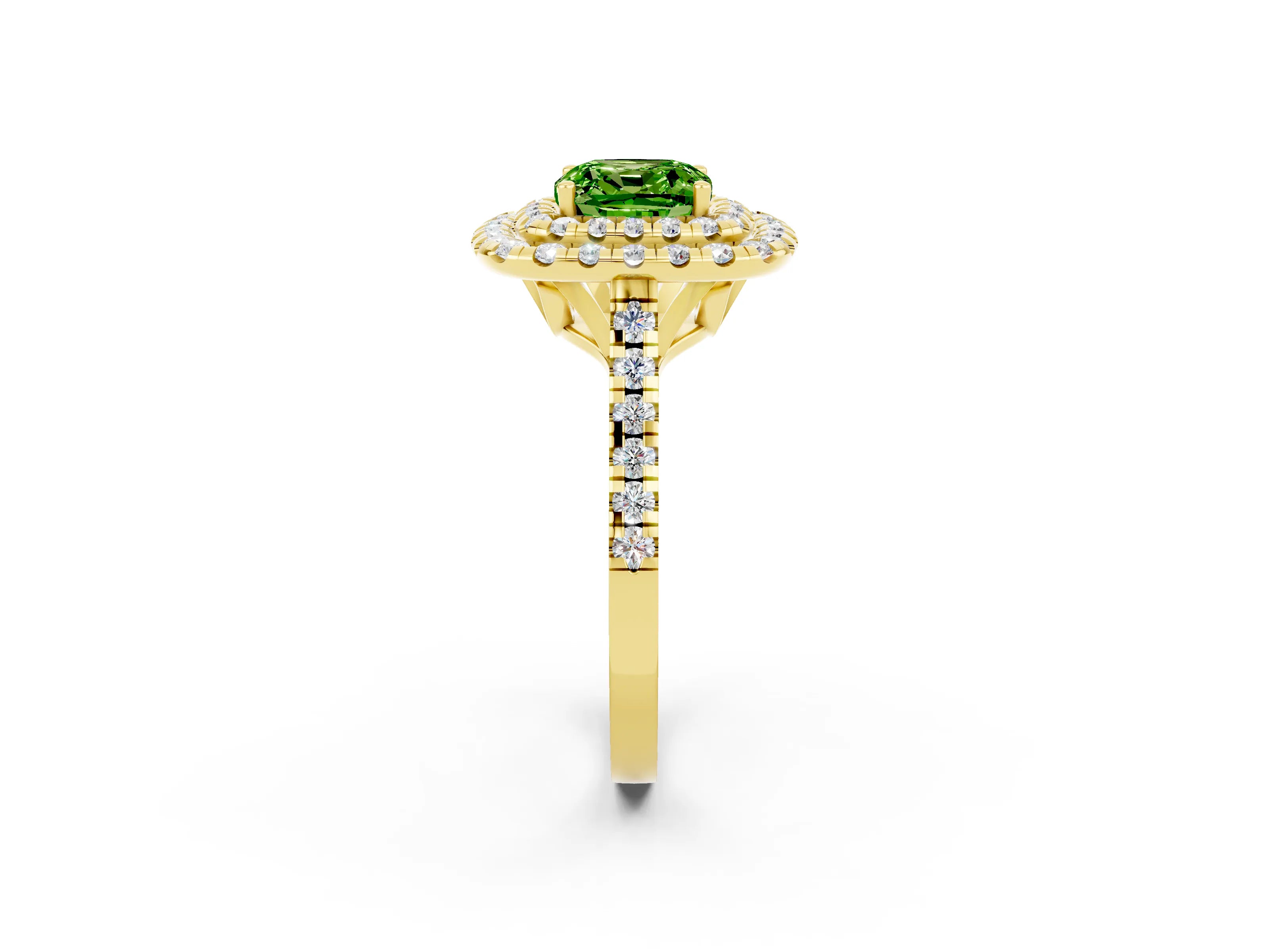 Yellow gold Double Halo Cushion Cut Peridot Pavé Band with Four-Prong Setting_2