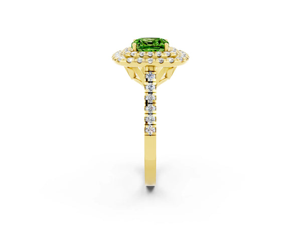 Yellow gold Double Halo Cushion Cut Peridot Pavé Band with Four-Prong Setting