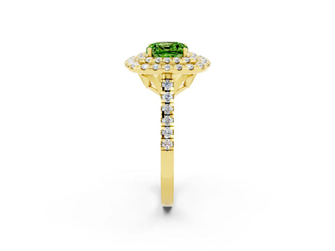 Yellow gold Double Halo Cushion Cut Peridot Pavé Band with Four-Prong Setting_2