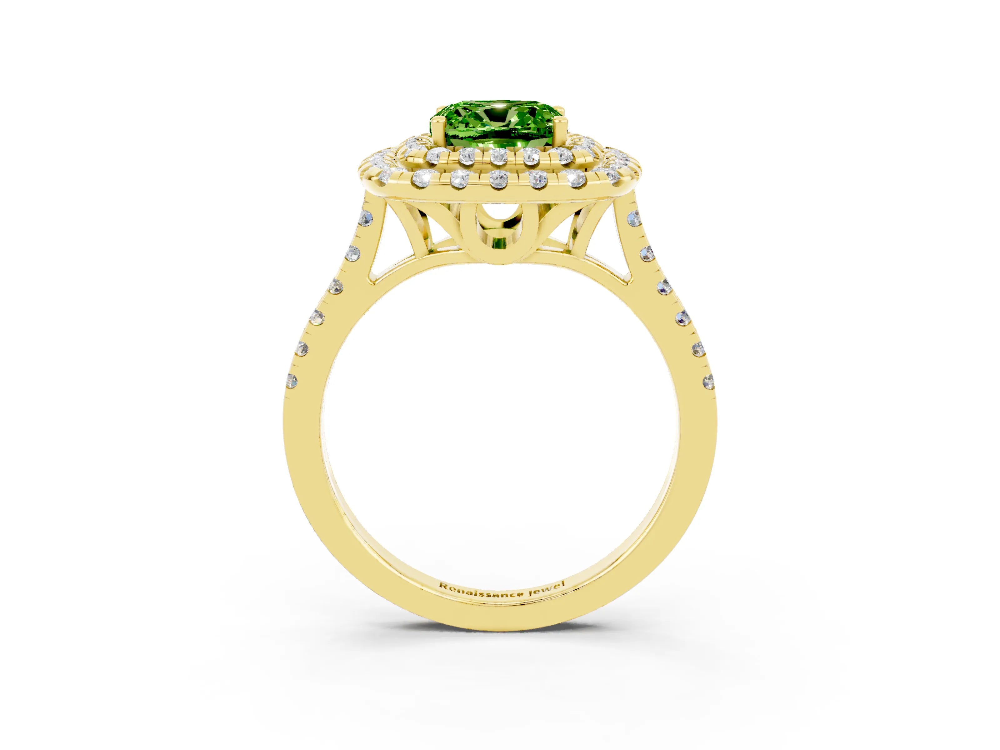 Yellow gold Double Halo Cushion Cut Peridot Pavé Band with Four-Prong Setting_3