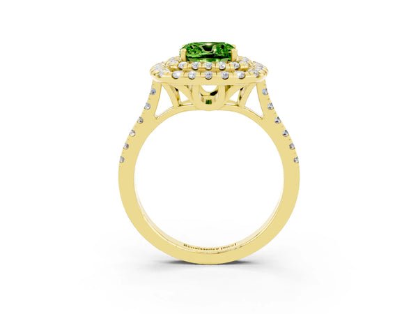 Yellow gold Double Halo Cushion Cut Peridot Pavé Band with Four-Prong Setting