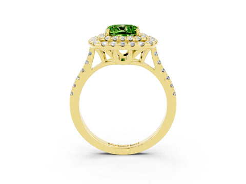Yellow gold Double Halo Cushion Cut Peridot Pavé Band with Four-Prong Setting_3