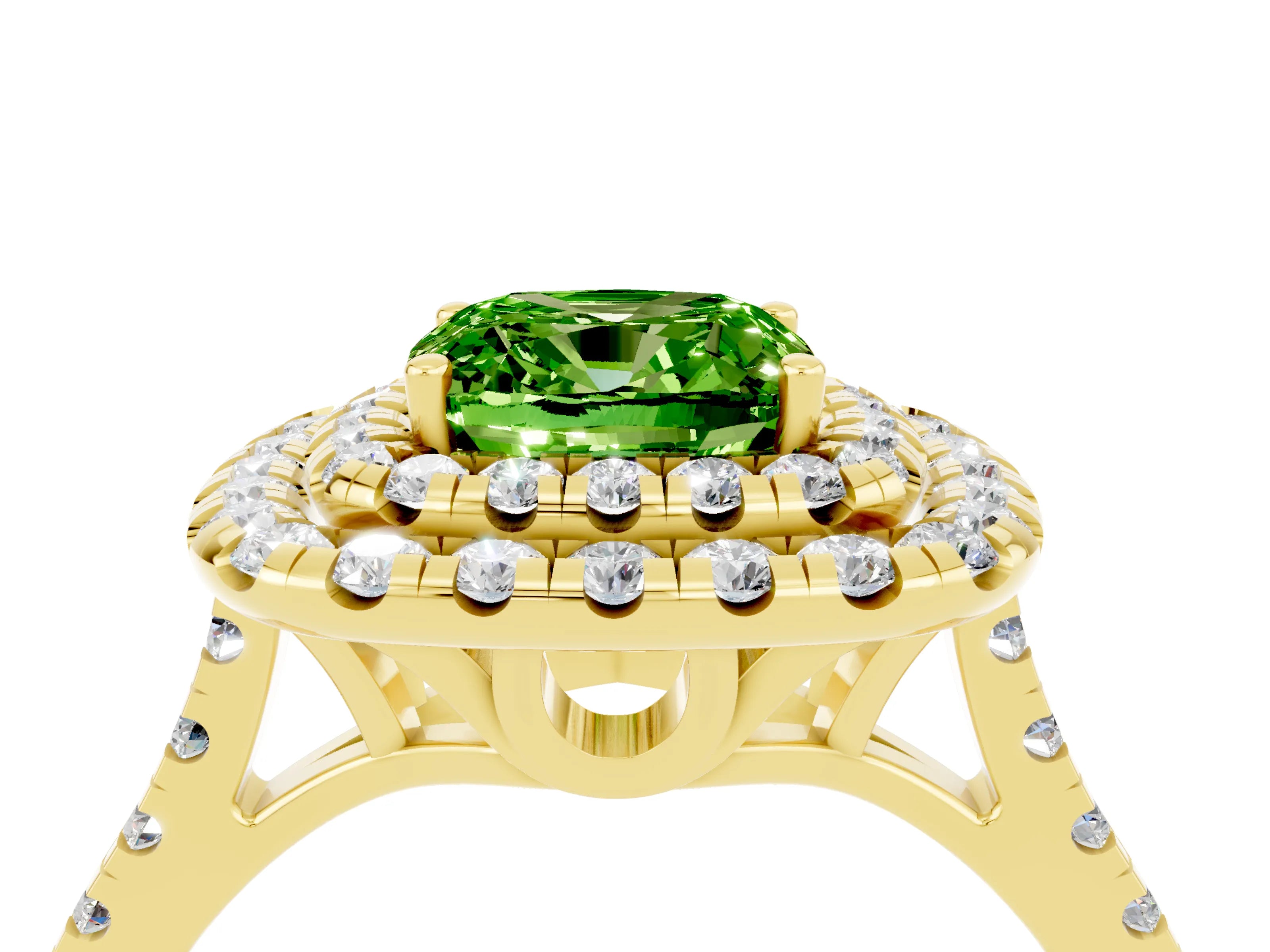 Yellow gold Double Halo Cushion Cut Peridot Pavé Band with Four-Prong Setting_4