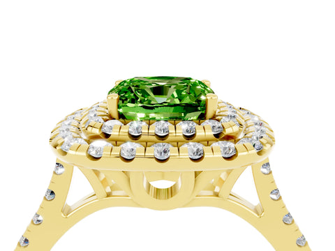 Yellow gold Double Halo Cushion Cut Peridot Pavé Band with Four-Prong Setting_4