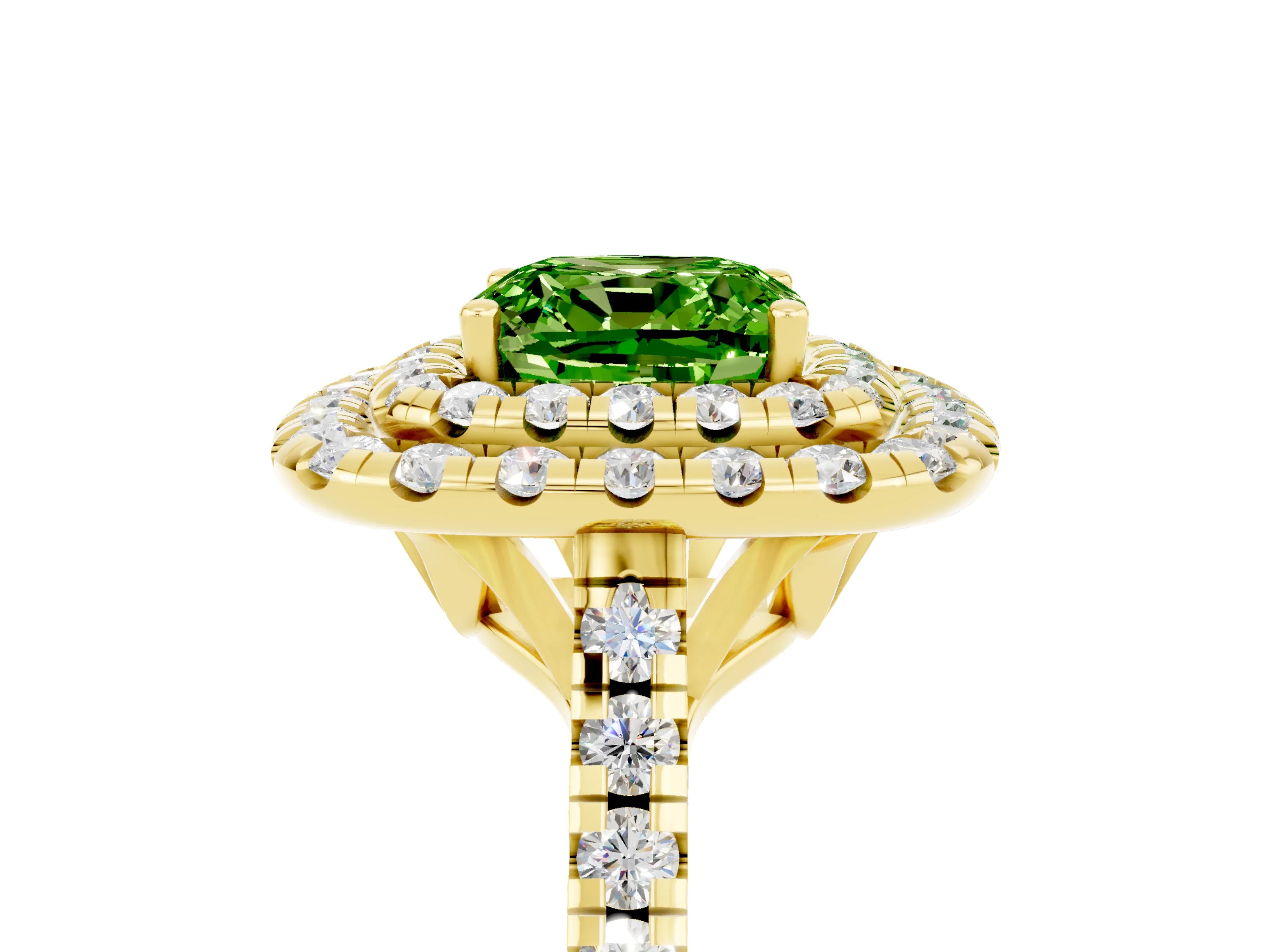 Yellow gold Double Halo Cushion Cut Peridot Pavé Band with Four-Prong Setting_5