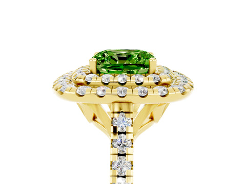 Yellow gold Double Halo Cushion Cut Peridot Pavé Band with Four-Prong Setting_5
