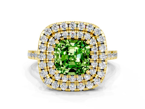 Yellow gold Double Halo Cushion Cut Peridot Pavé Band with Four-Prong Setting