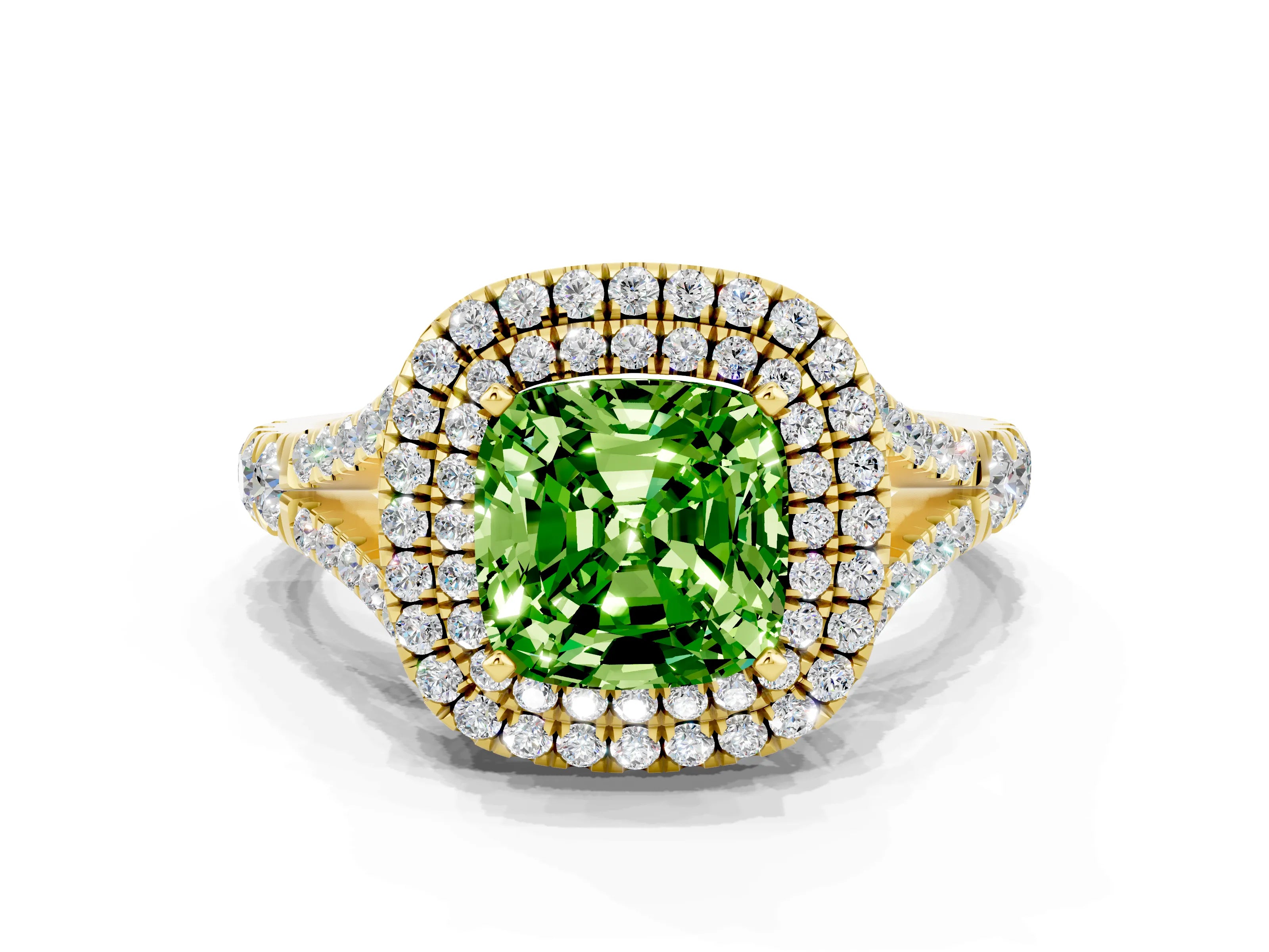Yellow gold Double Halo Cushion Cut Peridot Pavé Split Shank Ring with Prong Setting