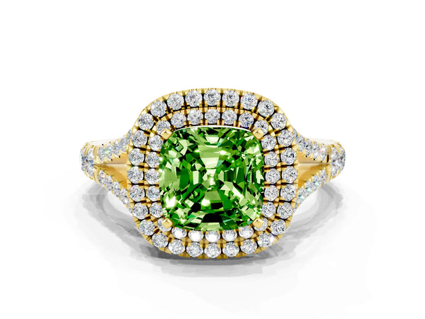 Yellow gold Double Halo Cushion Cut Peridot Pavé Split Shank Ring with Prong Setting