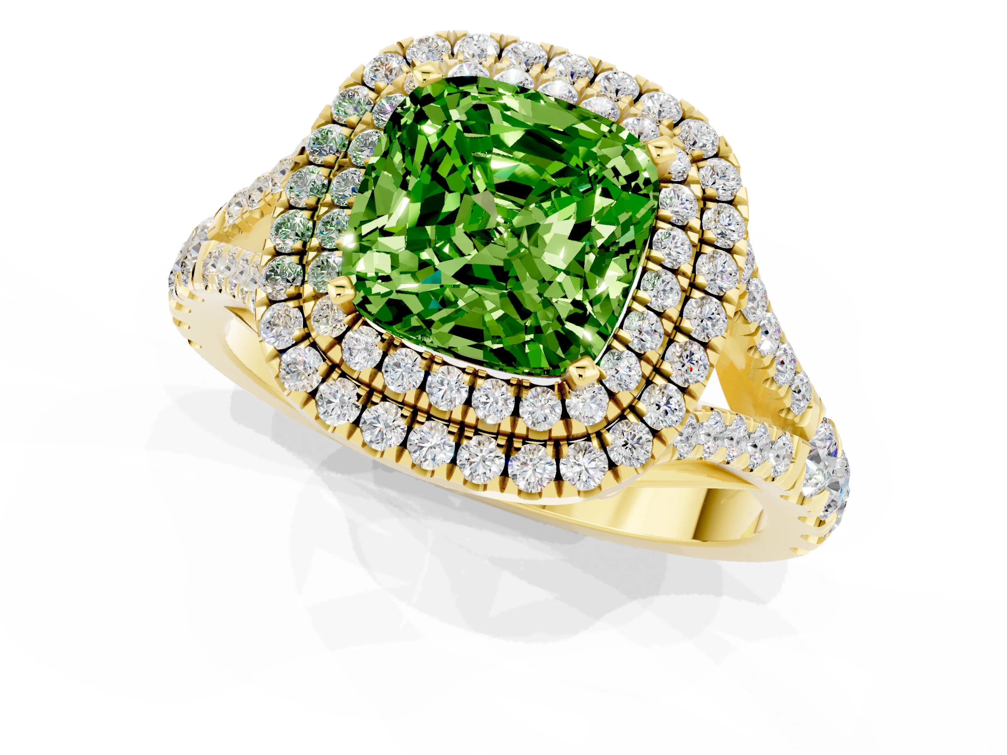 Yellow gold Double Halo Cushion Cut Peridot Pavé Split Shank Ring with Prong Setting_1