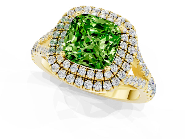 Yellow gold Double Halo Cushion Cut Peridot Pavé Split Shank Ring with Prong Setting